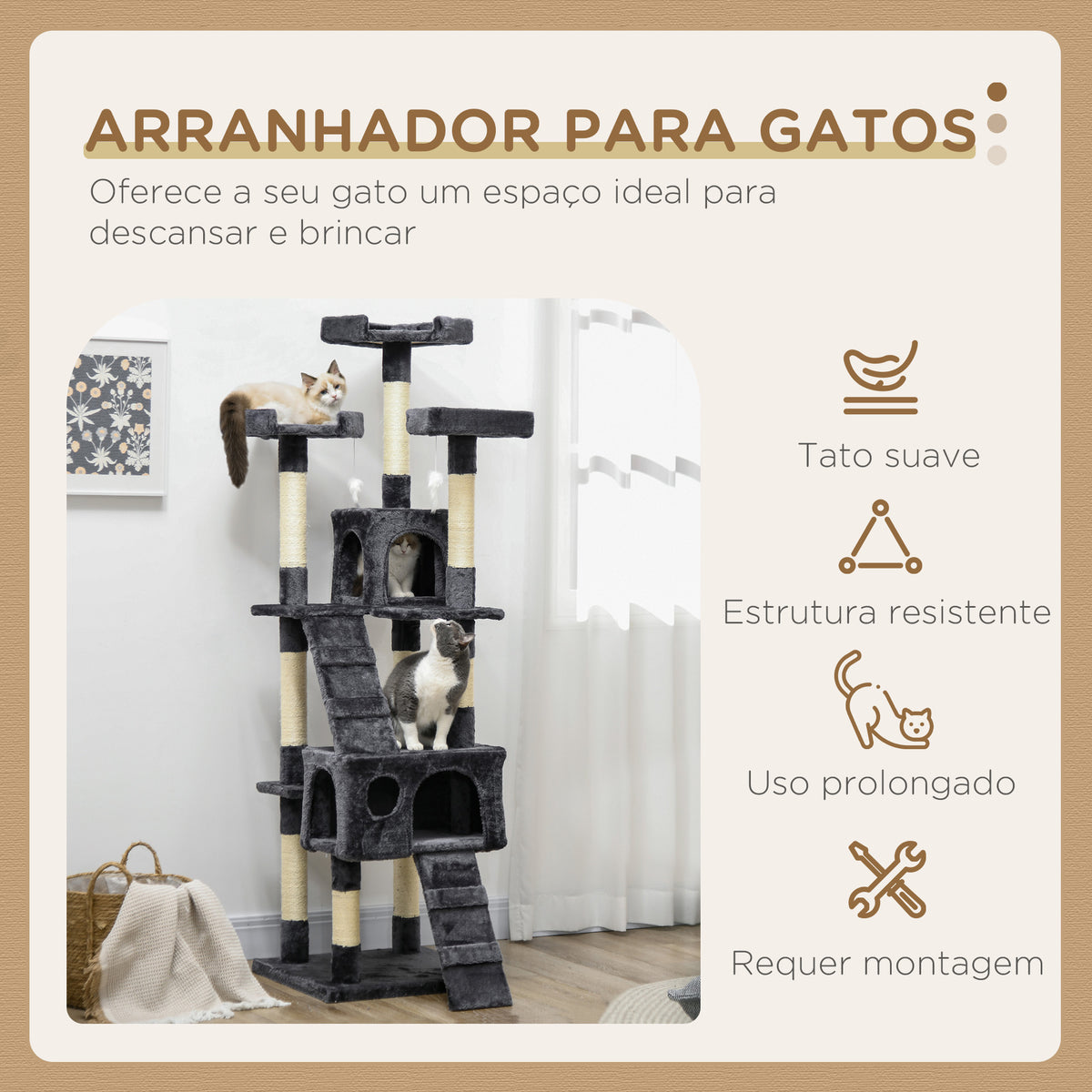 Arranhador para Gatos Grande 49x49x173 cm com Múltiplos Níveis Cavernas Brinquedos Suspensos Centro de Atividades de Sisal Cinza Escuro — foto 4