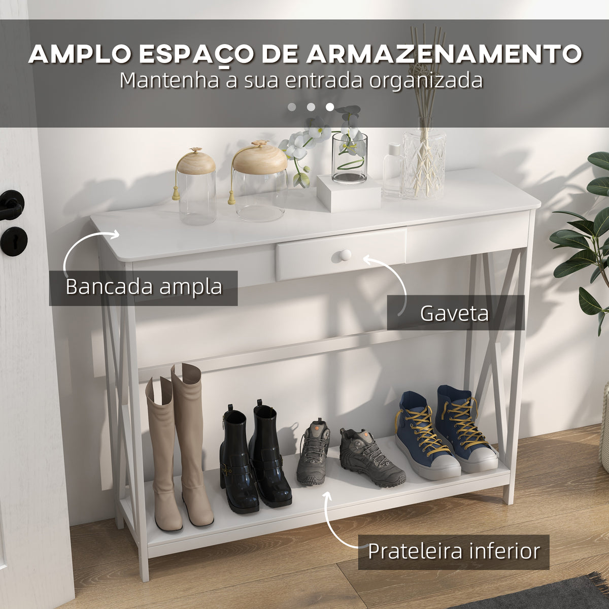 Mesa Consola Clássica com 1 Gaveta e 1 Prateleira de Armazenamento para a Entrada Mesa Auxiliar Sala de Estar Estilo Elegante 100x30x81cm Branco — foto 4