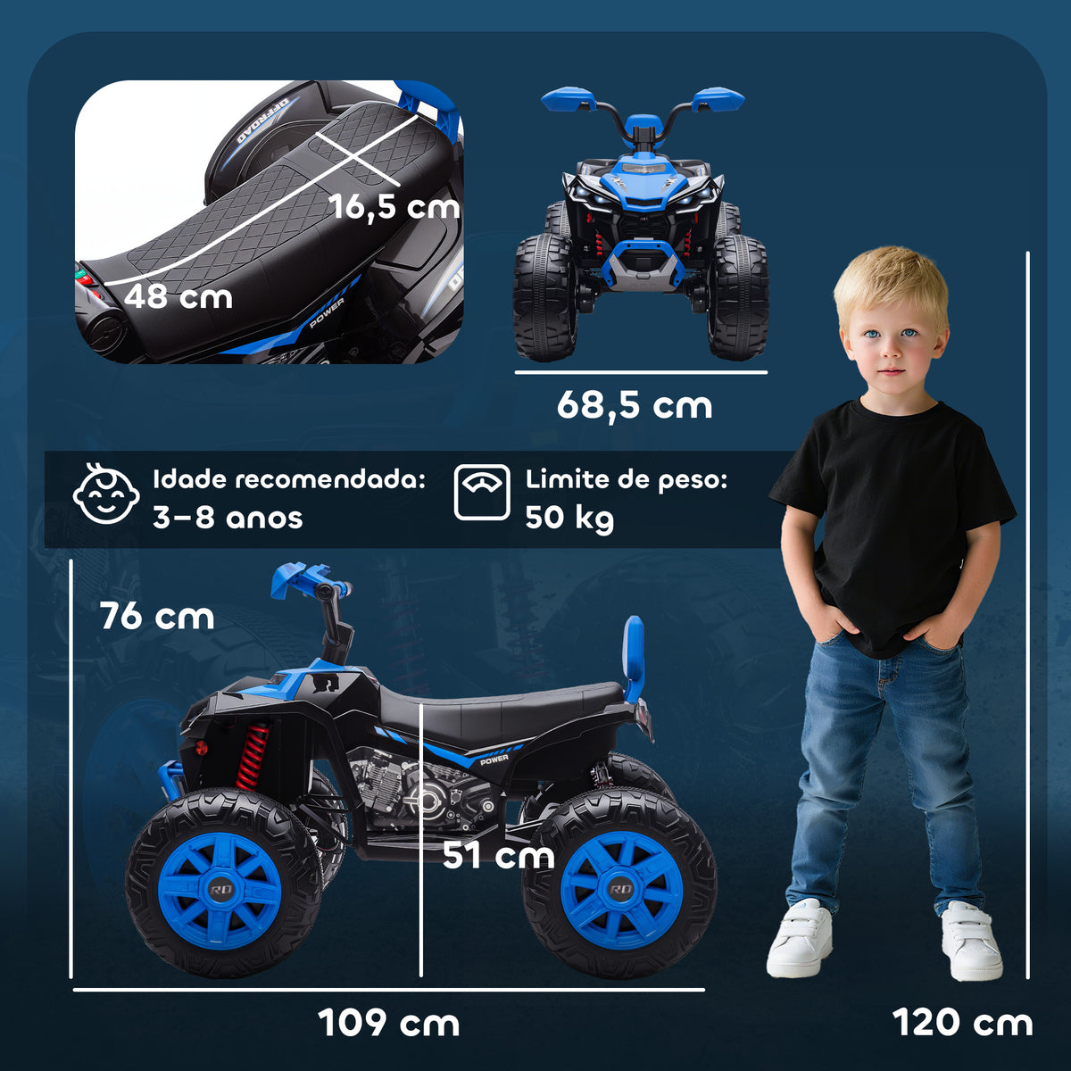 Quadricilo Elétrico para Crianças 24V para 3-8 Anos com 2 Lugares 2 Motores Velocidade até 6,5 km/h Rodas com Suspensão Faróis Buzina Música e USB 109x68,5x76 cm Azul — foto 3