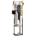 Cabide de Pé de Bambu com 2 Prateleiras 2 Ganchos 5 Barras Cabide de Entrada com Estrutura de Aço para Pendurar Roupa no Corredor Sala de Estar Quarto 46x28,5x153,5 cm Madeira e Preto — foto 1