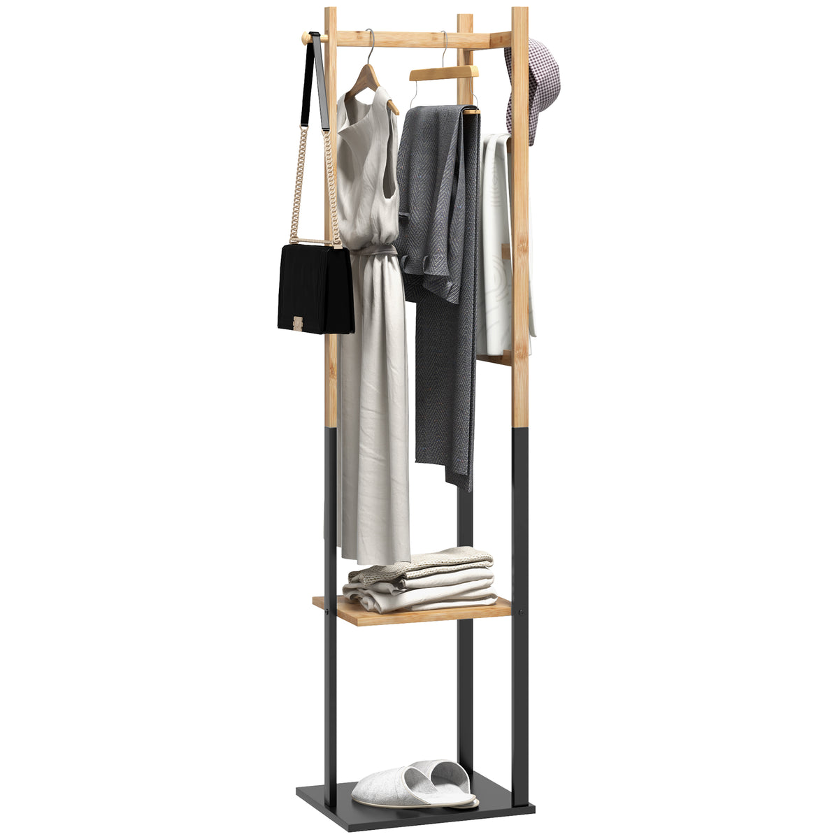 Cabide de Pé de Bambu com 2 Prateleiras 2 Ganchos 5 Barras Cabide de Entrada com Estrutura de Aço para Pendurar Roupa no Corredor Sala de Estar Quarto 46x28,5x153,5 cm Madeira e Preto — foto 1
