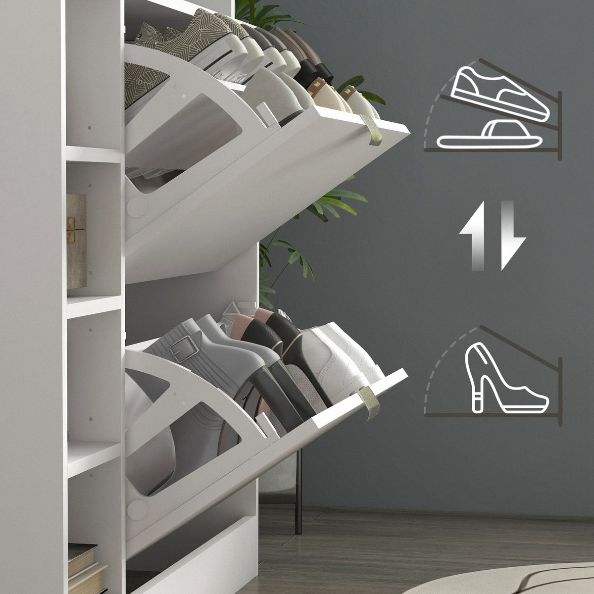 Sapateiro Moderno Sapateiro de Entrada Hall com Gavetas Basculantes, Prateleiras Ajustáveis e Prateleiras Abertas para 12 Pares de Sapatos Sapateiro Estreito para Corredor 89x25x92 cm Branco — foto 8