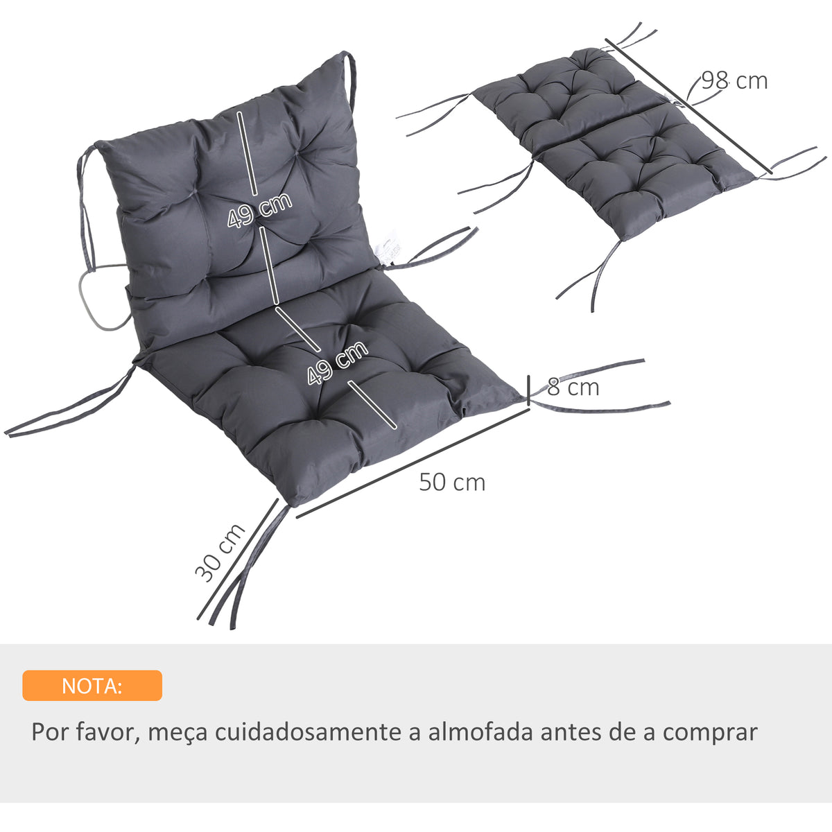 Conjunto de 2 Almofadas de Cadeira 50x98x8 cm Almofadas de Cadeira de Exterior com Encosto 6 Cordões de Fixação para Jardim Terraço Varanda Cinza Escuro — foto 3