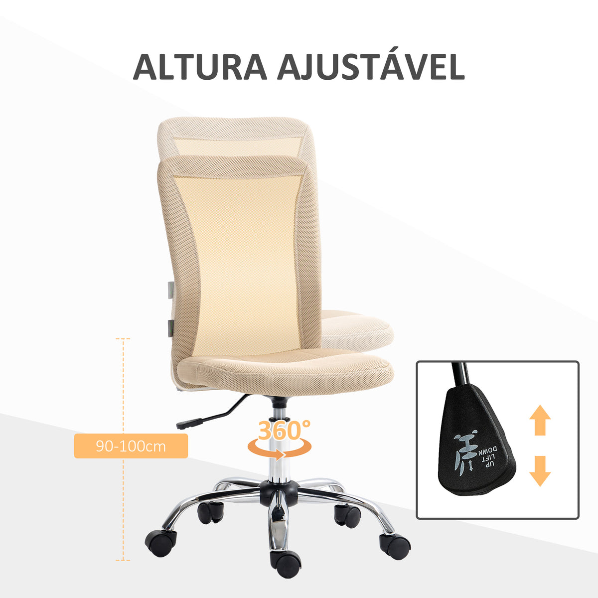 Cadeira de Escritório de Malha Cadeira de Escritório Giratória sem Apoio para os Braços com Altura Ajustável Carga Máxima 100 kg para Escritório Dormitório 43x56x90-100 cm Bege — foto 5