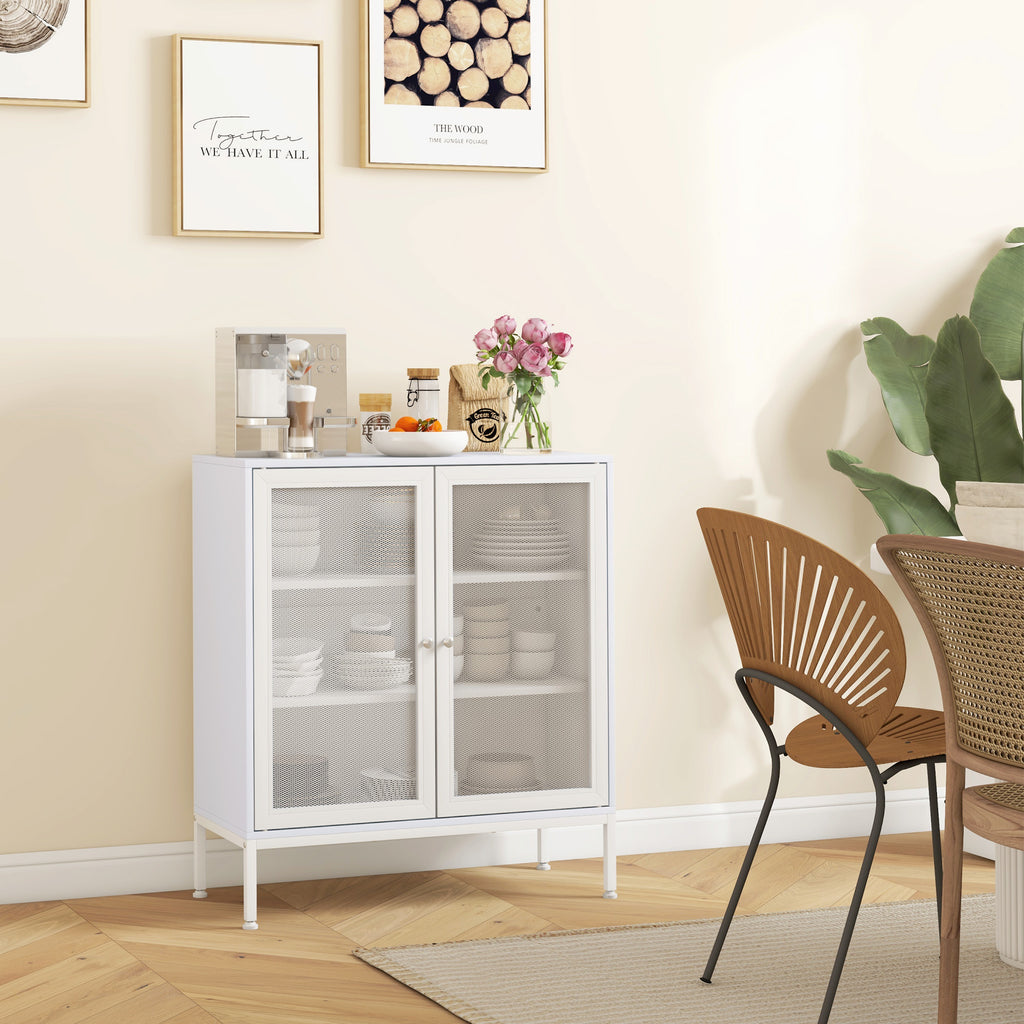 Aparador de 3 Níveis Móvel Auxiliar com Portas de Malha e Prateleira Ajustável Aparador de Cozinha Moderno para Sala 80x37x92 cm Branco — foto 2