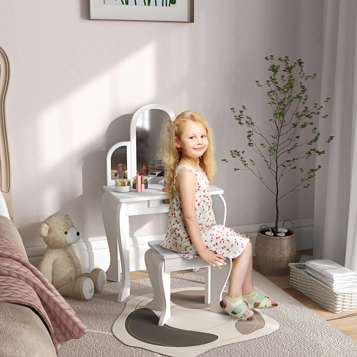 Toucador para Crianças com Espelho e Banco Toucador de Maquilhagem para Crianças de 3 a 6 Anos Toucador Infantil de Madeira com Gaveta 52x32x85 cm Branco — foto 2