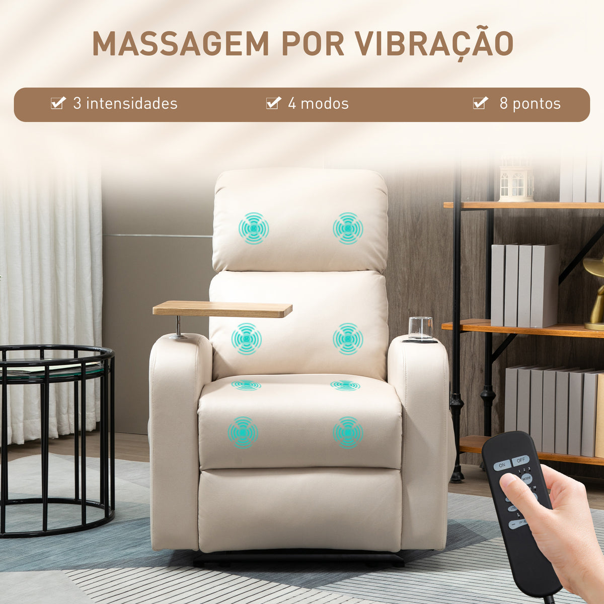 Poltrona de Massagem Poltrona Relax Elétrica com 4 Modos de Vibração Reclinação 145° Estofada em Microfibra Controlo Remoto Mesa 2 Bolsos Laterais e Suporte para Copos 77x93x105cm Bege — foto 4