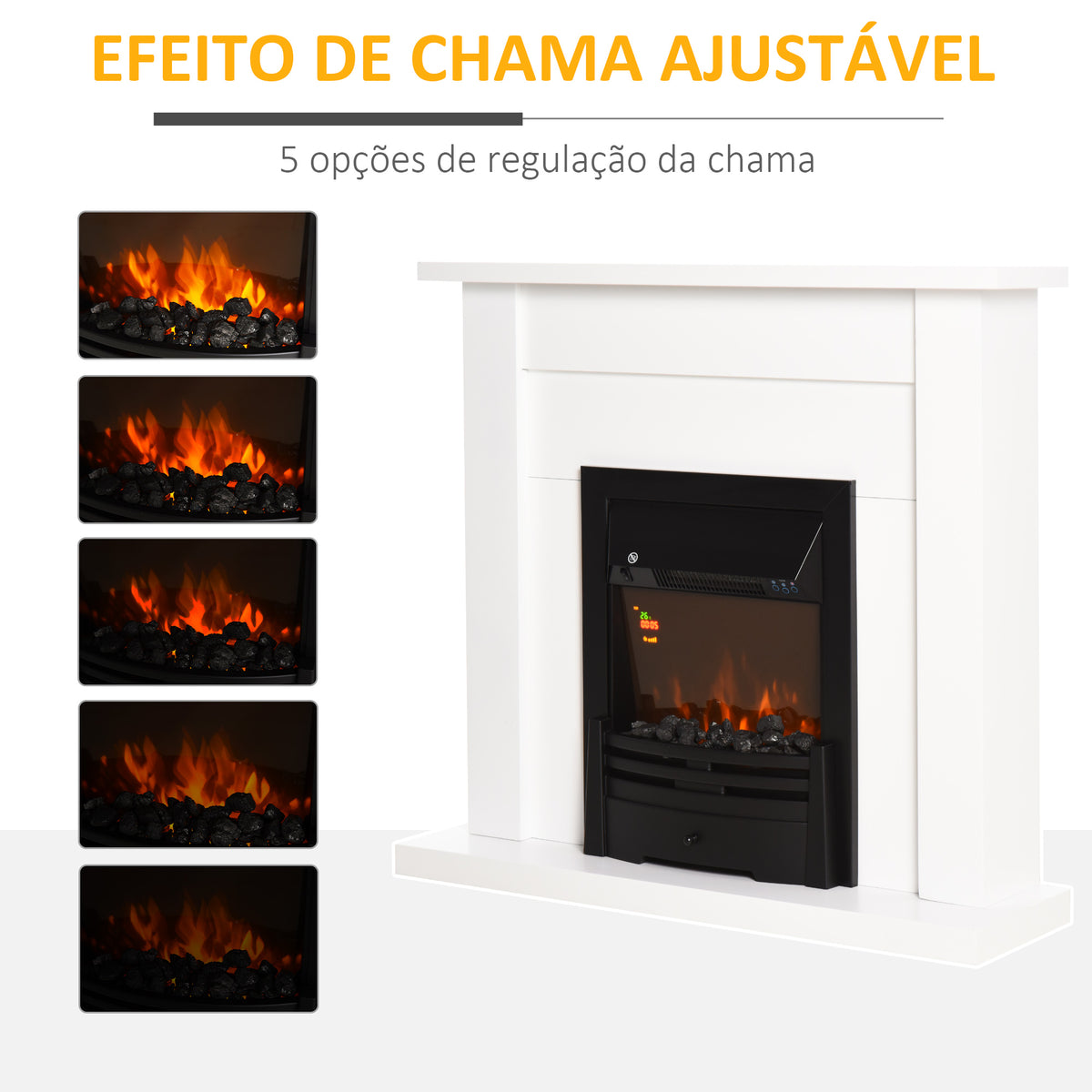 Lareira Elétrica Decorativa com 2 Configurações de Aquecimento Temporizador Termostato Integrado Efeito de Chama Realista Ajustável em 5 Níveis 102x30x95cm Branco e Preto — foto 4