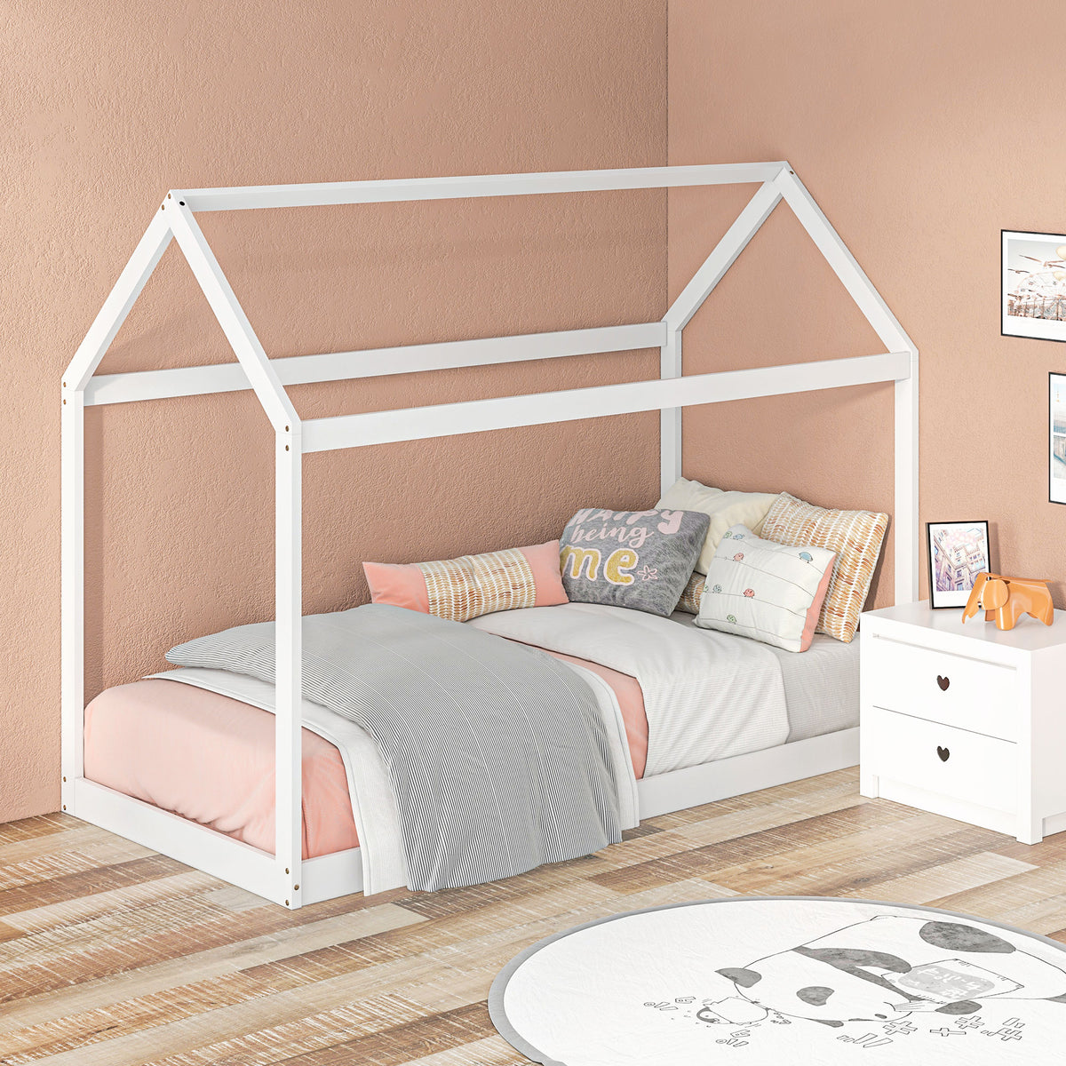 Cama Individual 90x190 cm Estrutura de Cama Somier de Madeira em Forma de Casa Carga 120 kg para Quarto Branco — foto 1
