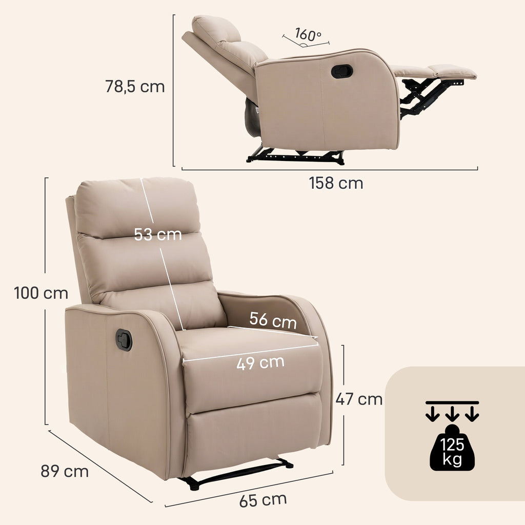 Poltrona Relax Reclinável Manual, Poltrona com Estofamento em PU e Apoio para Pés Retrátil, Acolchoamento Espesso, Reclinável até 160º para Sala, Quarto, Castanho Claro, 65x89x100 cm — foto 3