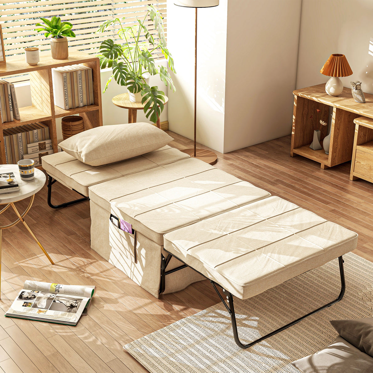 Sofá Cama 4 em 1 Poltrona Cama Desdobrável Estofado em Linho com Encosto Ajustável em 5 Níveis e Almofada Acolchoada para Escritório, Quarto Sala 75x80x74 cm Creme — foto 2