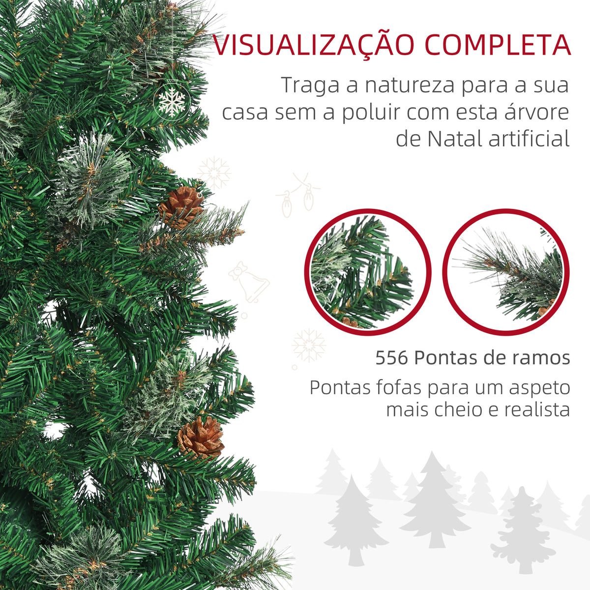 Árvore de Natal Artificial 195 cm Árvore de Natal com 556 Ramos Árvore de Natal Estreita Slim com 25 Pinhas Base Dobrável Ø54x195 cm Verde — foto 7