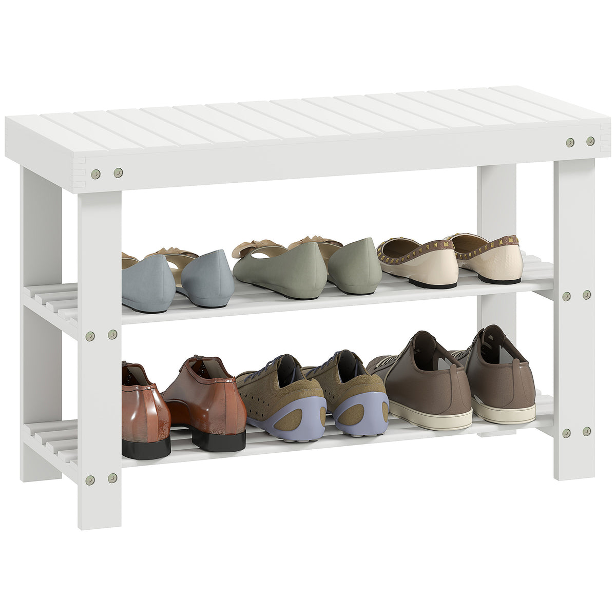 Banco Sapateira de Bambu Sapateira com Assento Organizador de Sapatos com 2 Prateleiras para 6-9 Pares de Sapatos para Entrada Sala de Estar Dormitório 70x28x45 cm Branco — foto 1