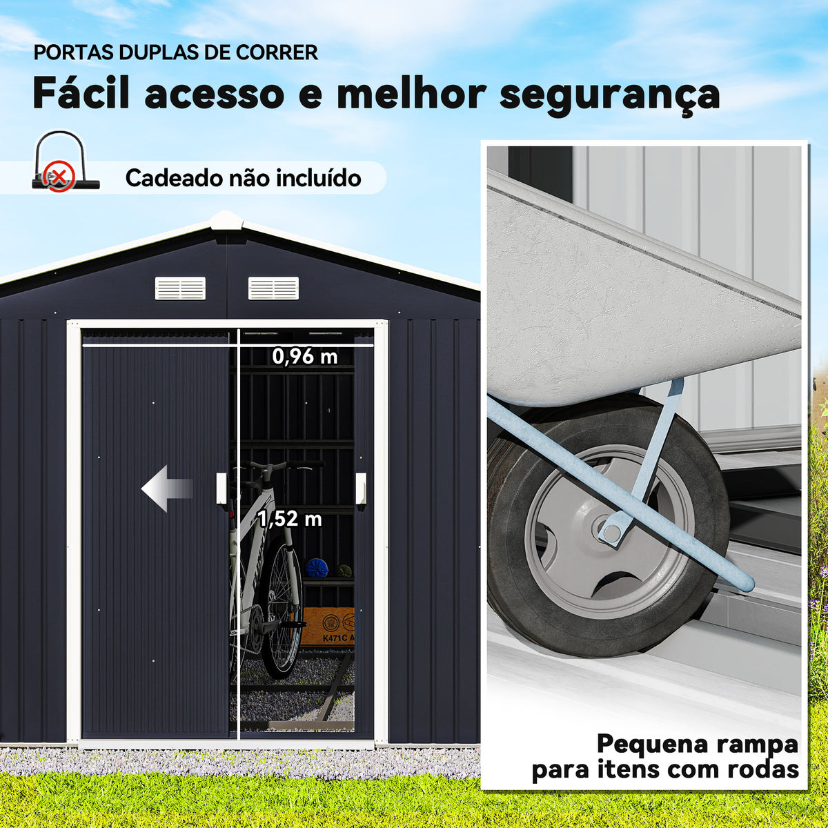 Abrigo de Jardim Exterior Abrigo de Jardim Metálico para Armazenamento de Ferramentas com Base de Reforço Incluída e 4 Janelas 277x322x192 cm Cinza Escuro — foto 5