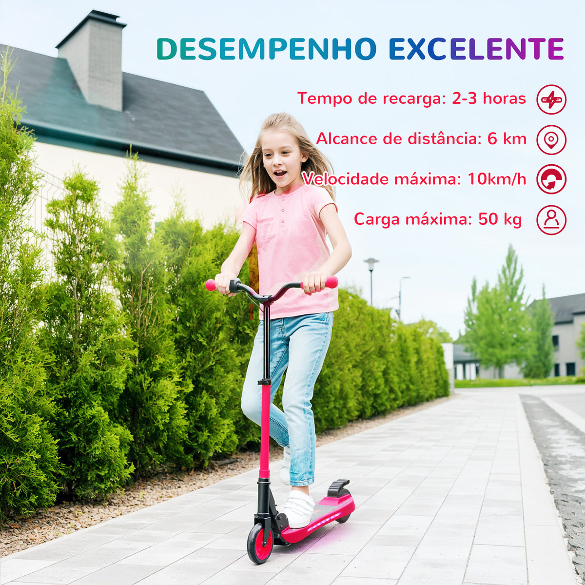 Trotinete Elétrica Dobrável para Crianças acima de 6 Anos Motor 120 W Autonomia 6 km e Máximo 10 km/h com Travão Altura Ajustável Luzes LED e Estrutura de Alumínio 74x52x83-87 cm Vermelho — foto 5