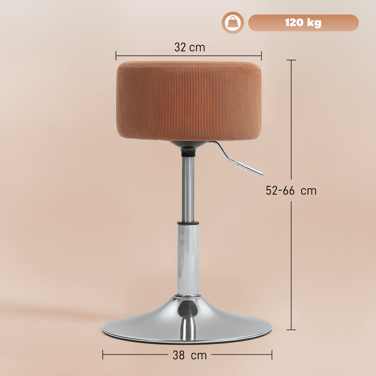 Banco de Bar Giratório Banco Alta de Cozinha Ajustável em Altura 52-66 cm Estofado em Veludo Giratória a 360° para Sala de Jantar Tocador Balcão Marrom — foto 3