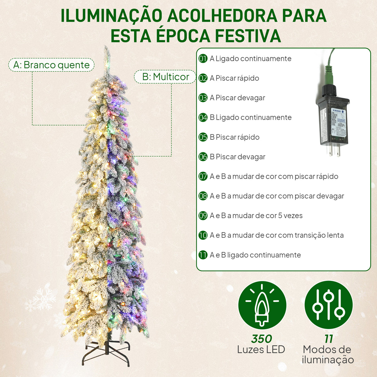 Árvore de Natal Estreita 225 cm Árvore de Natal Nevada com Luzes LED Bicolores Temporizador 11 Modos de Iluminação 800 Ramos Suporte em Aço Montagem Fácil Verde — foto 5