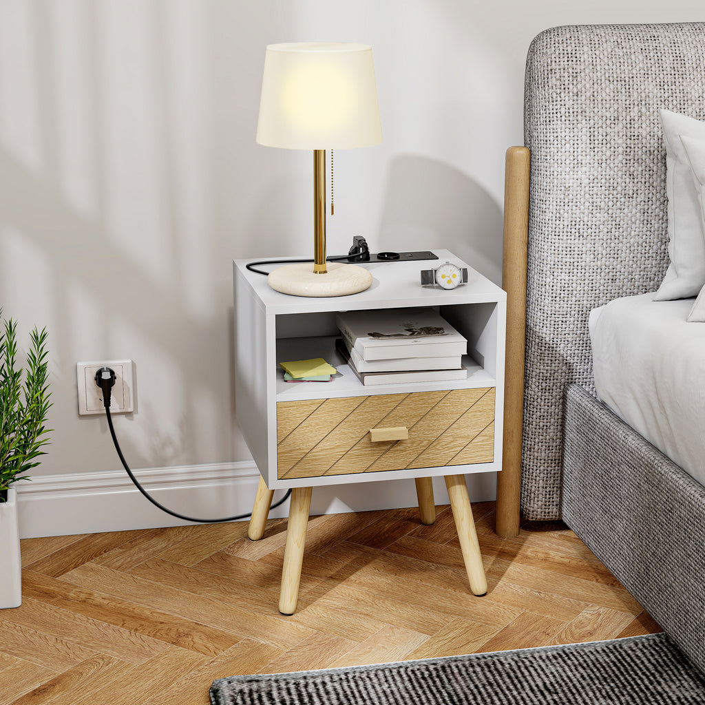 Mesa de Cabeceira com Estação de Carregamento Gaveta 2 Tomadas AC Porta USB e Tipo-C Compartimento Aberto Pernas de Madeira para Sala Quarto 40x35x54,7 cm Branco — foto 2