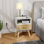 Mesa de Cabeceira com Estação de Carregamento Gaveta 2 Tomadas AC Porta USB e Tipo-C Compartimento Aberto Pernas de Madeira para Sala Quarto 40x35x54,7 cm Branco — foto 2