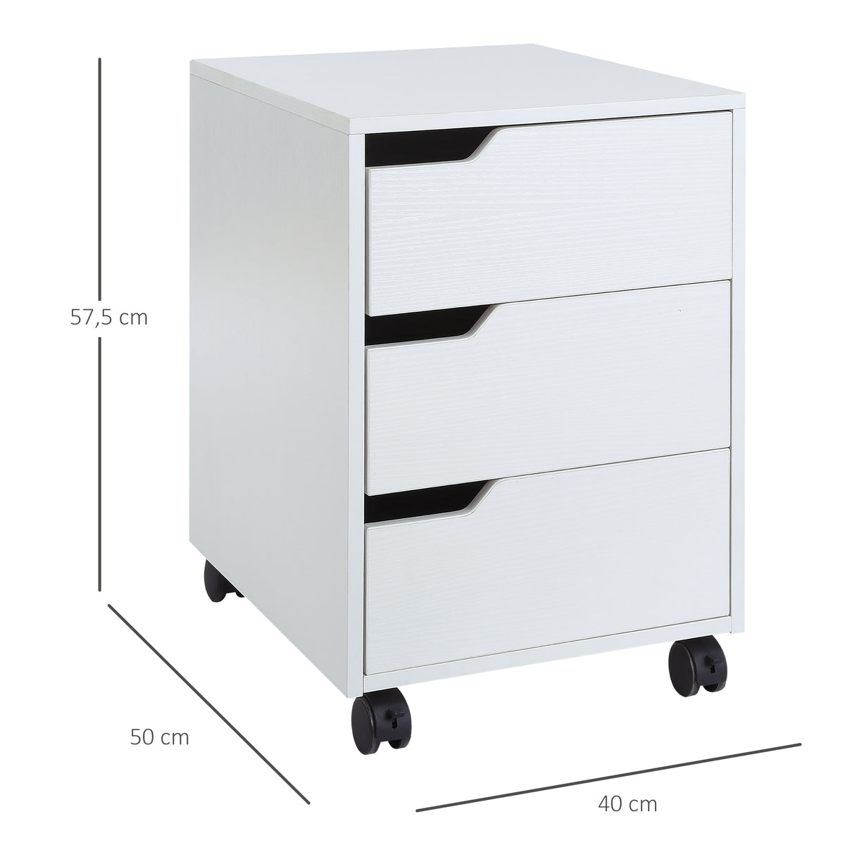 Bloco de Gavetas para Escritório Móvel de Escritório Bloco de Gavetas com 3 Gavetas e 4 Rodas 40x50x57,5 cm Branco — foto 3