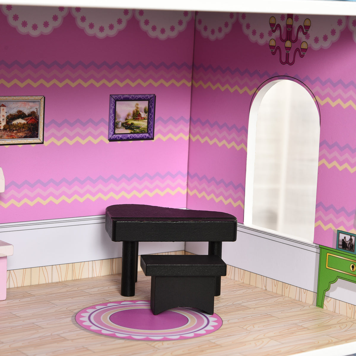 Casa de Bonecas de 3 Andares com Pátio Móveis Acessórios Bonita Casa de Bonecas de Madeira 86x30x87 cm Rosa — foto 8