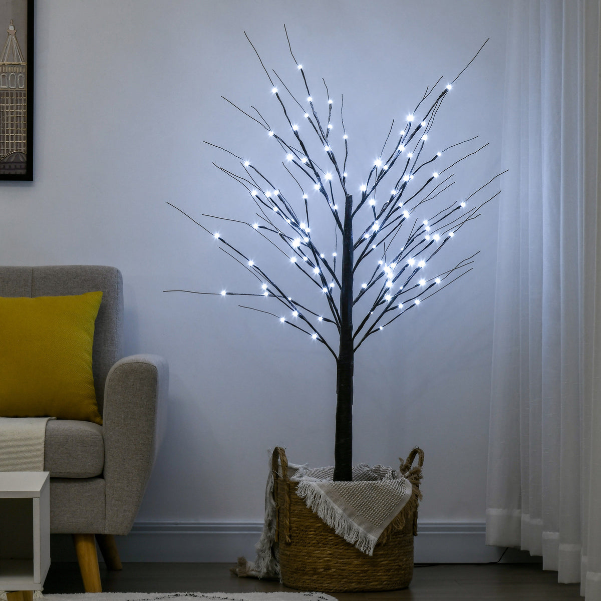 Árvore de Vidoeiro Artificial 150 cm com 96 LEDs Branco Frio, Neve Artificial, Base Metálica e Decoração de Natal Castanha — imagem 3