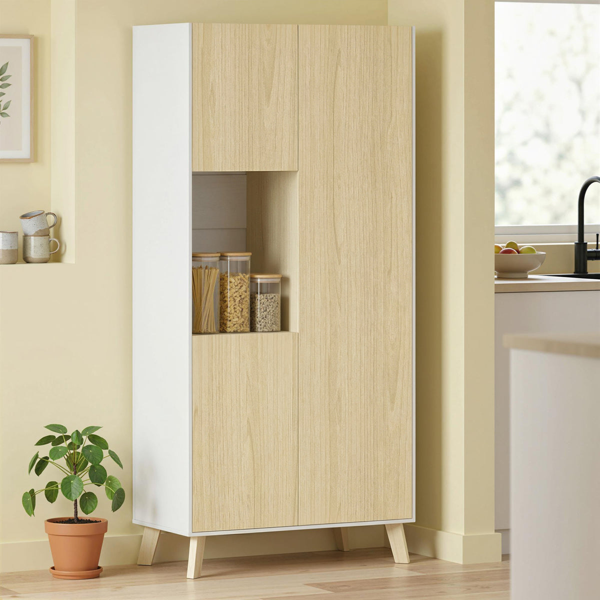 Armário de Cozinha 170 cm Armário Moderno com Nicho Aberto Prateleiras Ajustáveis Acabamento em Madeira Natural — imagem 3
