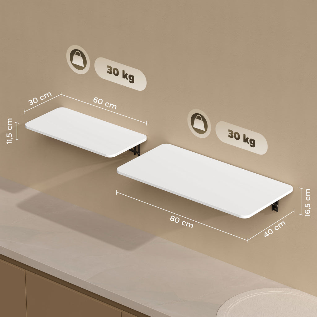 Conjunto de 2 Mesas Dobráveis de Parede Secretárias Flutuantes para Espaços Pequenos Mesas Rebatíveis para Cozinha Sala de Jantar Escritório Quarto e Sala Branco Brilhante — foto 3