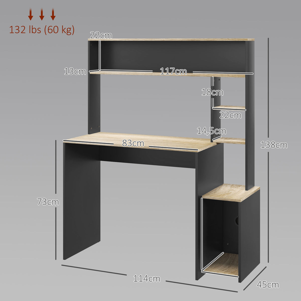 Secretária para Computador com Prateleira de 3 Níveis Mesa de Estudo com Suporte para CPU e Prateleira Superior para Casa Escritório 114x45x138 cm Cinza e Natural — foto 3