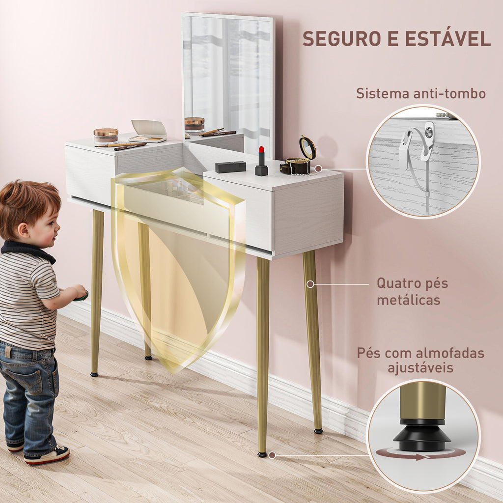 Tocador de Maquilhagem com Espelho Tocador com Bancada de Vidro Temperado 3 Gavetas Mesa de Maquilhagem Moderna para Dormitório 105,5x30x130,5 cm Branco — foto 7