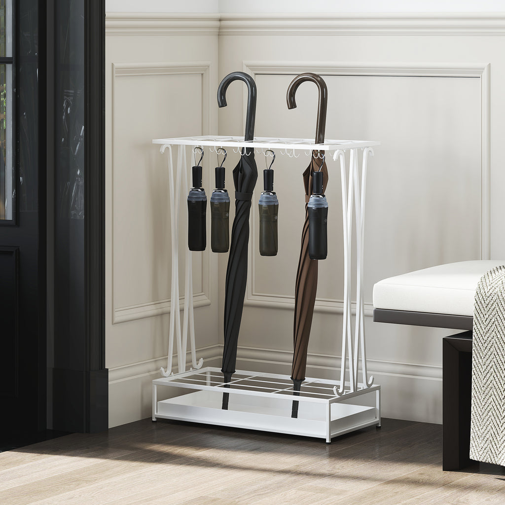 Suporte para Guarda-Chuva Moderno Retangular Suporte para Guarda Chuvas de Aço com 24 Ganchos 21 Espaços e Bandeja Recolhedora de Gotas Amovível para Entrada Escritório 50x24x68 cm Branco — foto 2