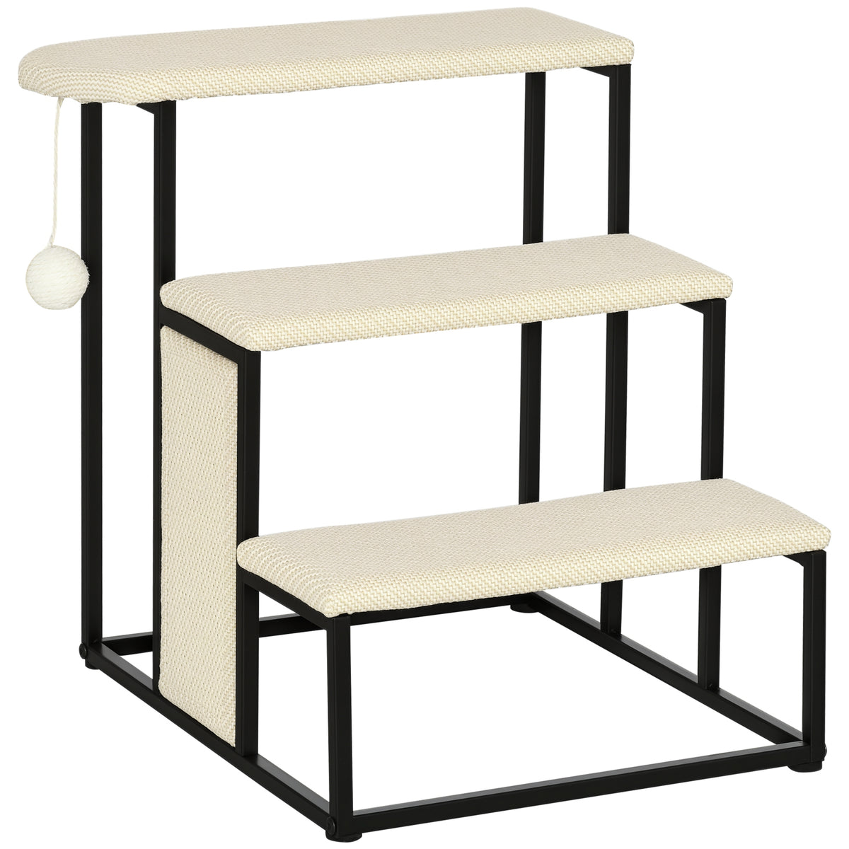Escada para Cães de 3 Níveis Escada para Animais de Estimação com 3 Degraus Bola Suspensa Painel para Arranhar e Estrutura de Aço 47x45x47 cm Creme e Preto — foto 1