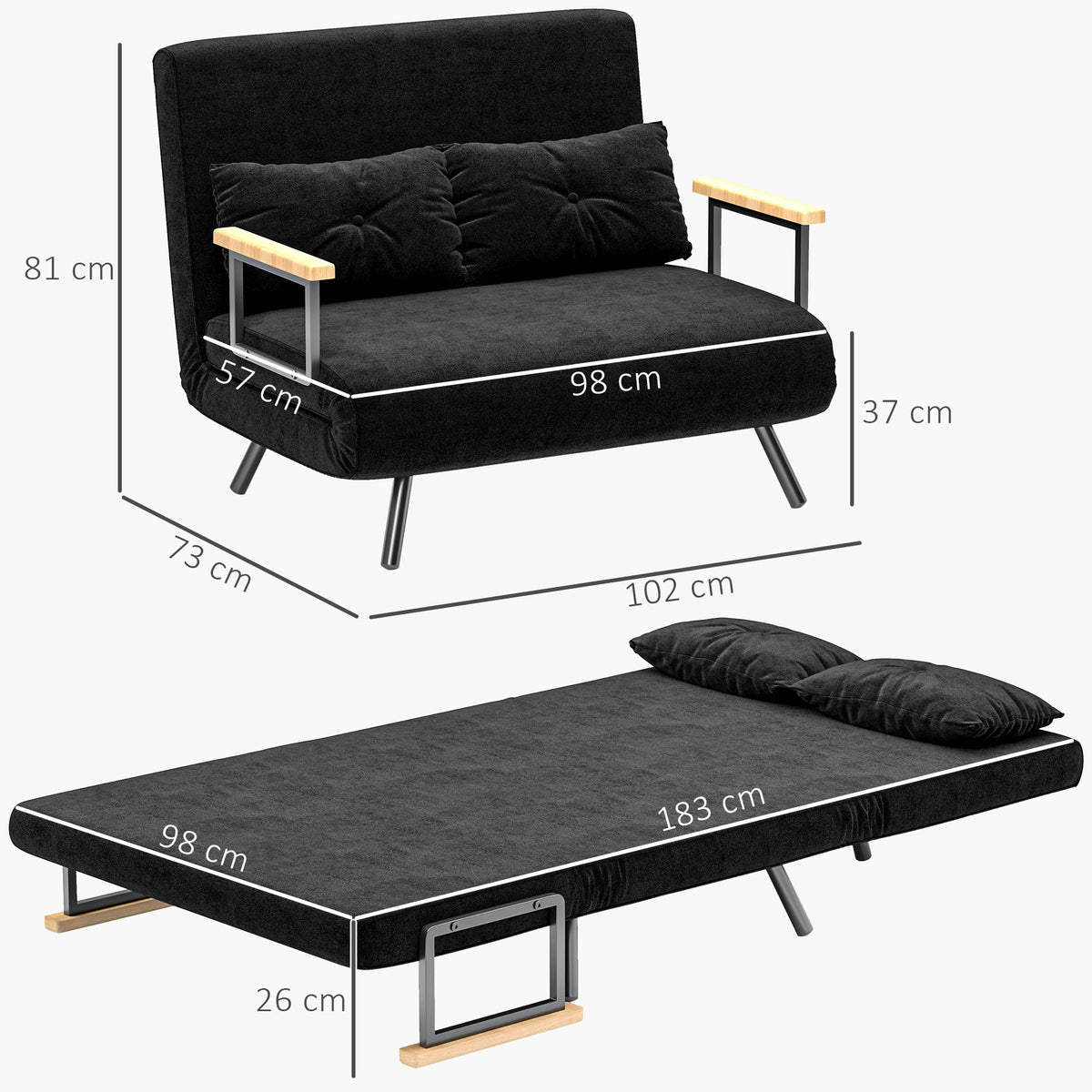 Sofá Cama Sofá Convertível em Cama de 2 Lugares Dobrável com Encosto Ajustável em 5 Níveis e 2 Almofadas Acolchoadas para Escritório Dormitório Sala de Estar 102x73x81 cm Preto — foto 3