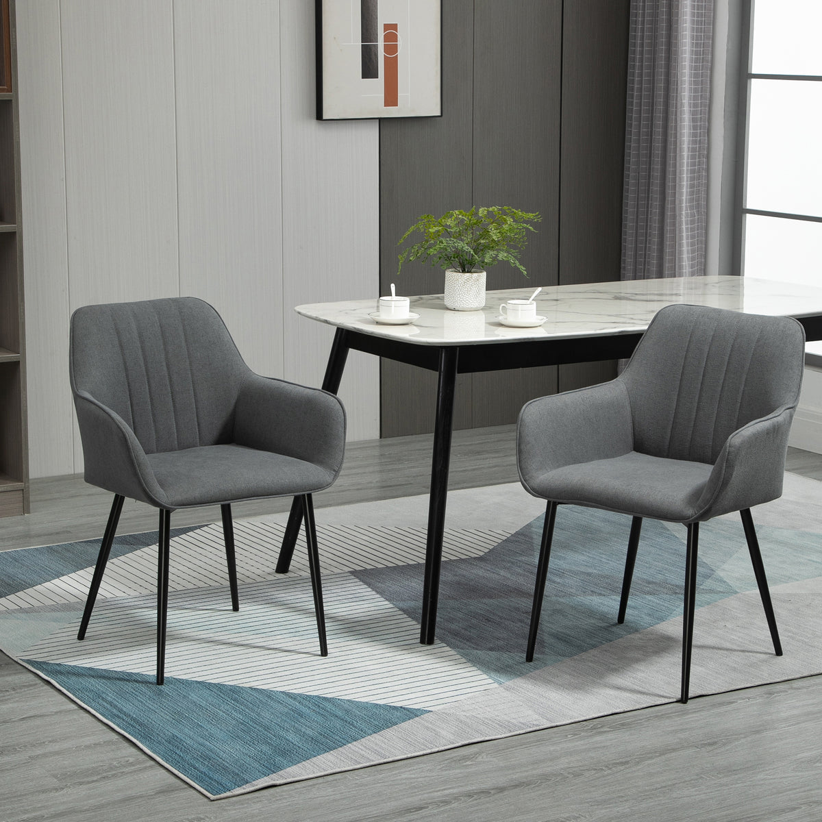 Conjunto de 2 Cadeiras de Sala de Jantar Estofadas em Linho Cadeiras de Cozinha com Encosto Apoio para os Braços e Pés de Metal 59,5x56,5x81 cm Cinza — foto 2