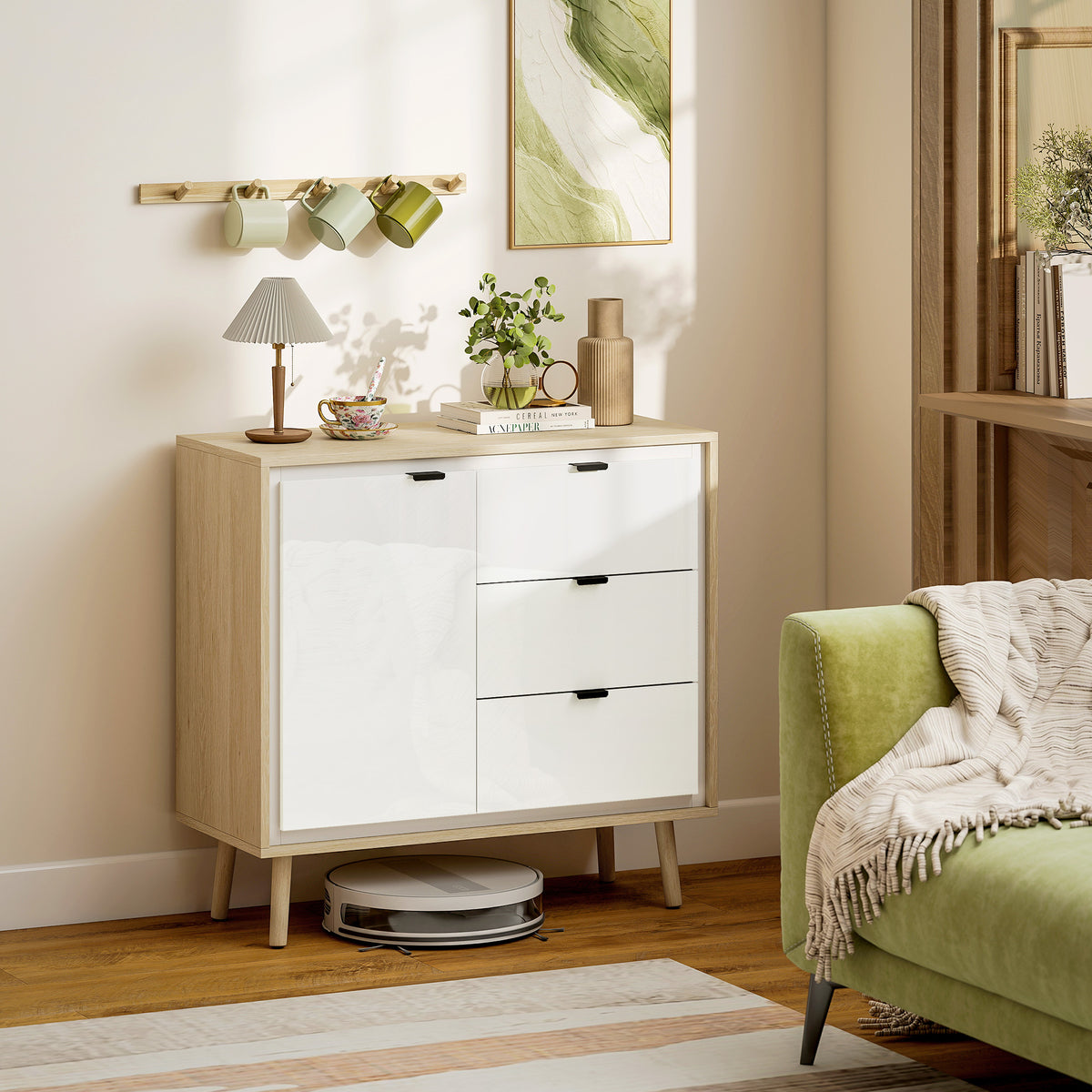 Aparador de Sala Moderno com 3 Gavetas Prateleira Ajustável e Pés em Madeira para Cozinha Entrada Quarto 80x35x77 cm Branco Brilhante e Carvalho — foto 2