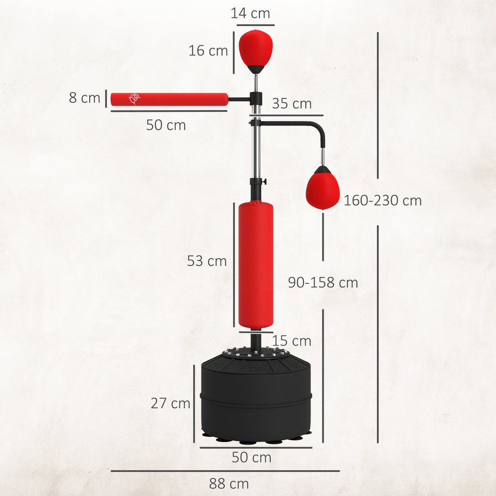 Punching Ball de Boxe com Altura Ajustável com 2 Bolas de Velocidade Barra Giratória 360° e Base Preenchida com Água ou Areia Punching Ball para Adultos 88x50x160-230 cm Vermelho e Preto — foto 3