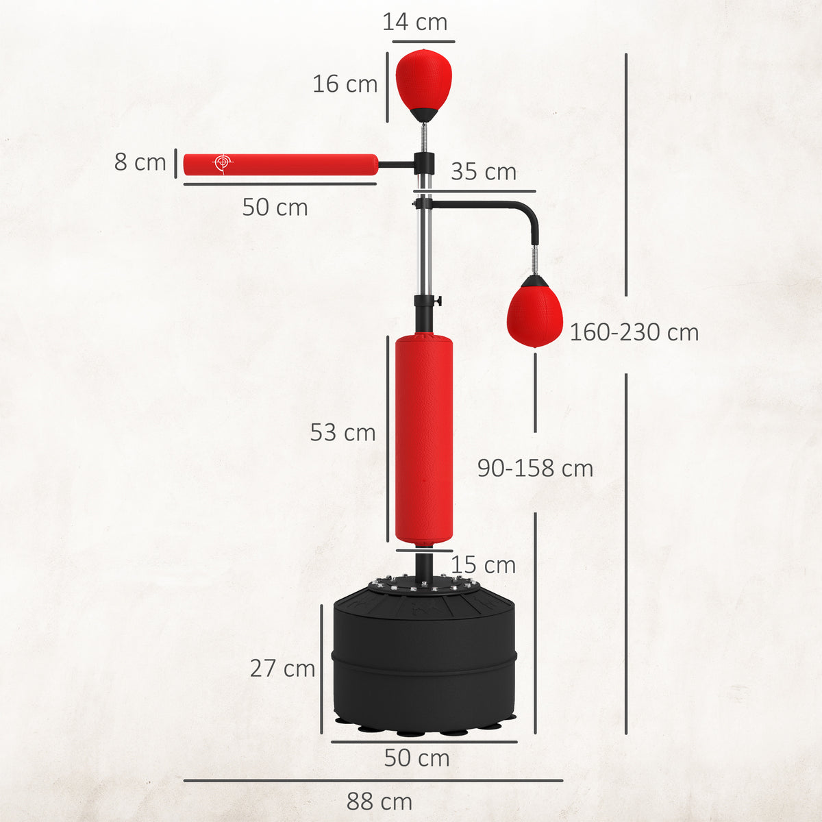 Punching Ball de Boxe com Altura Ajustável com 2 Bolas de Velocidade Barra Giratória 360° e Base Preenchida com Água ou Areia Punching Ball para Adultos 88x50x160-230 cm Vermelho e Preto — foto 3