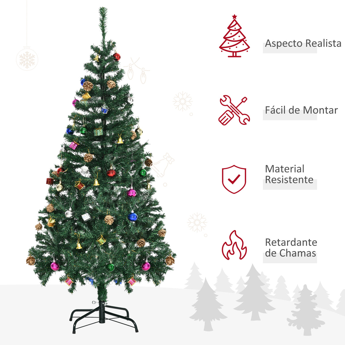 Árvore de Natal Artificial 150cm Ignífugo com 420 Ramos 48 Decorações Folhas de PVC e Suporte Metálico Decoração de Natal para Interior Verde — foto 5