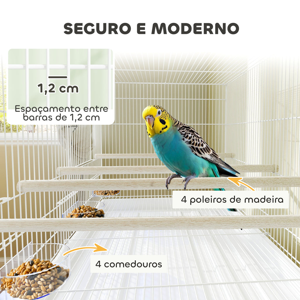 Gaiola para Pássaros com Divisória Gaiola com Rodas para Aves Papagaios Canários Gaiola para Aves com Comedouros Poleiros e Bandeja Removível, 76x46x116 cm Branco — foto 5