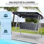 Baloiço Jardim de 3 Lugares com Toldo Ajustável Encosto Respirável e Estrutura de Metal para Terraço Balcão Exterior Carga 200kg 171x108x154cm Preto — foto 7
