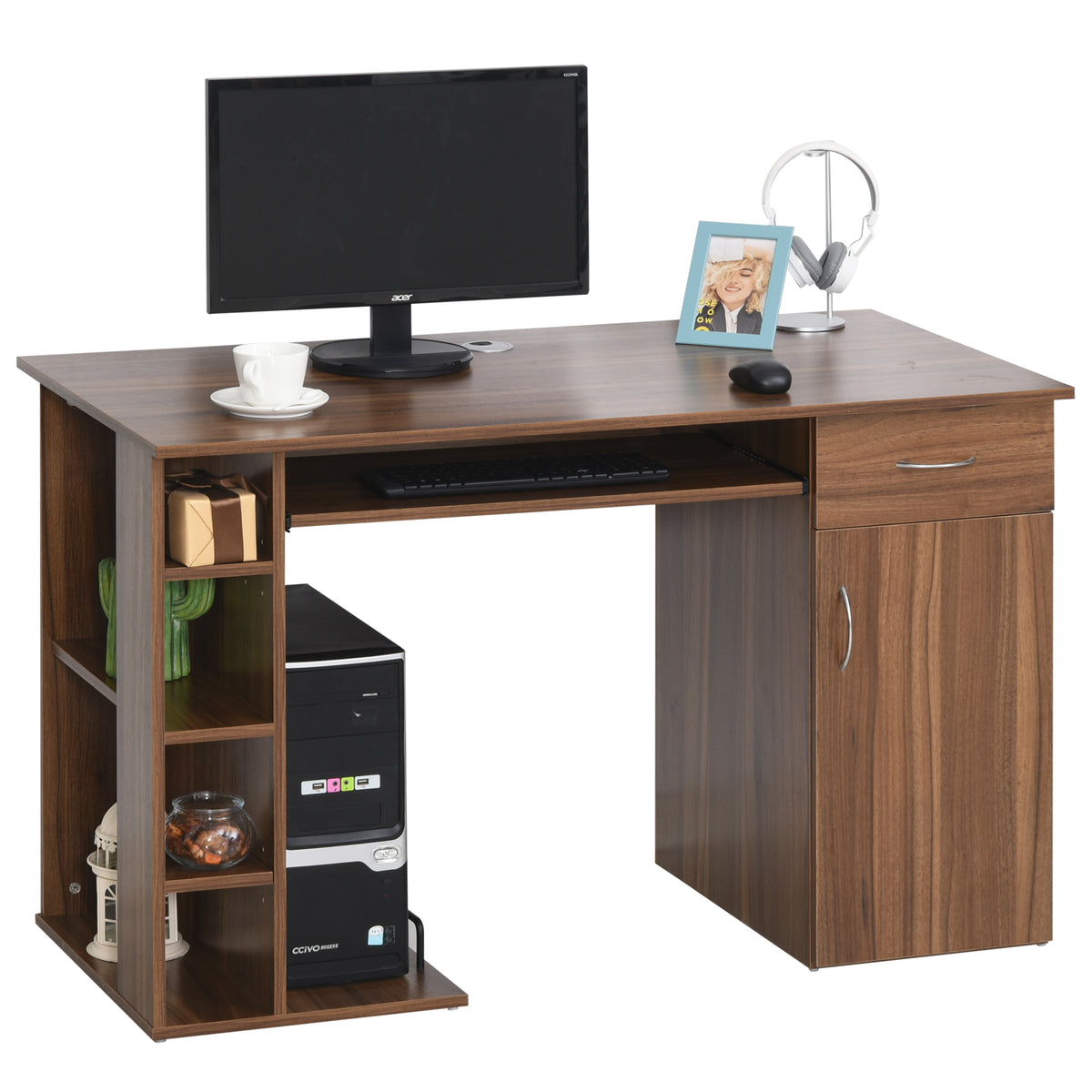 Secretária para escritório com prateleiras abertas Gabinete de suporte de CPU e bandeja removível 120x60x74 cm madeira natural — foto 1