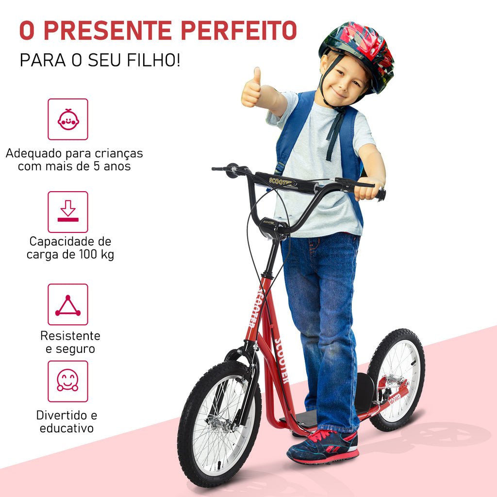 Trotinete para Crianças acima de 5 Anos e Adolescentes com Guiador Ajustável em Altura 2 Pneus de Borracha Insufláveis com Travagem Dupla e Rodas 16" Carga 100 kg 139x58x90-96 cm Vermelho — foto 5