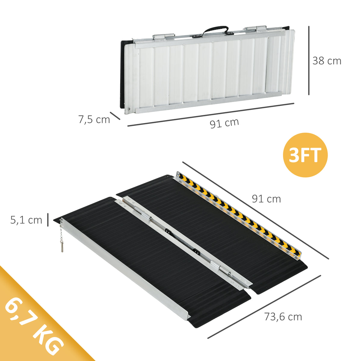Rampa para Cadeira de Rodas Dobrável de Liga Alumínio 122 Rampa Portátil com Autocolantes Reflectores Carga 272 kg 91x73,6x5,1 cm Preto — foto 3