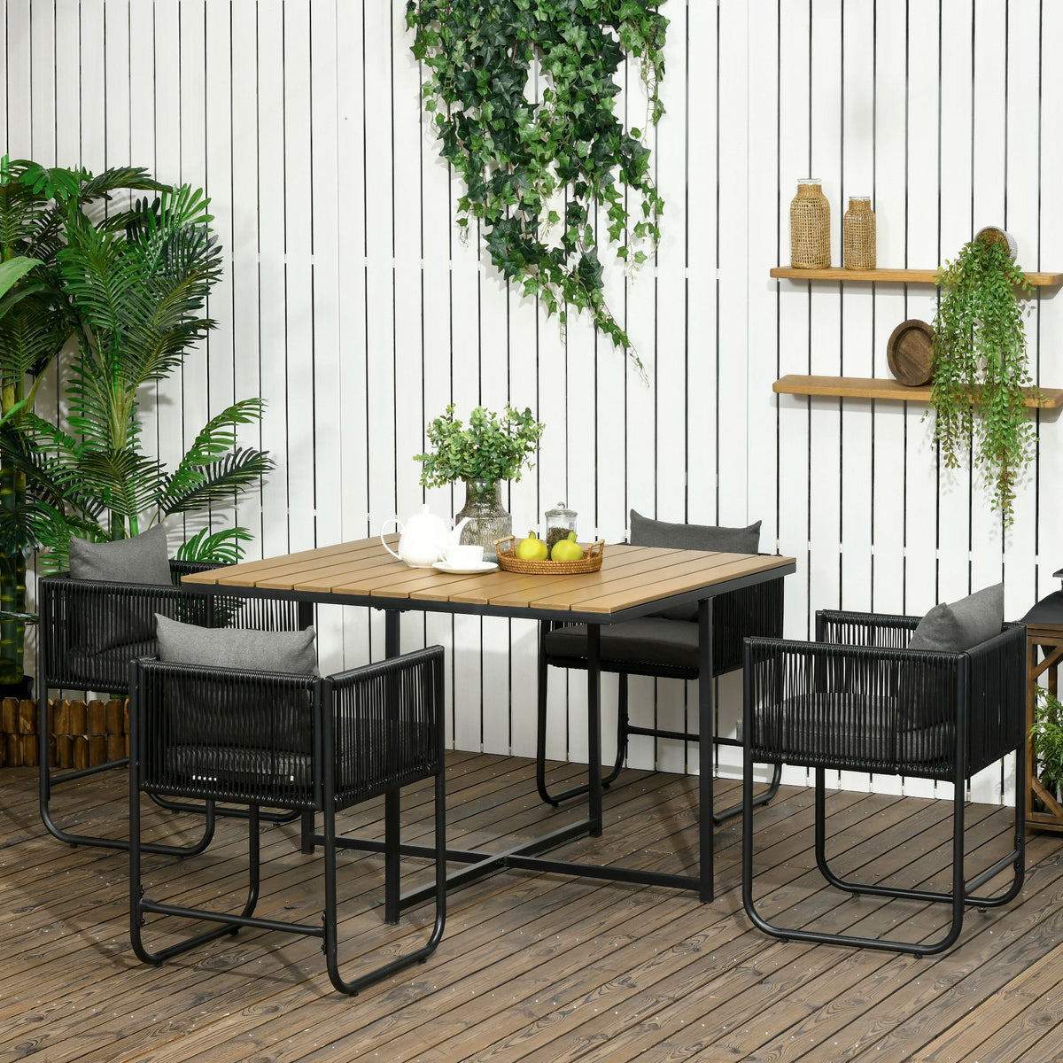 Conjunto de Jardim de Vime Sintético Conjunto de Móveis de Exterior de Vime com 5 Peças Mesa Quadrada e 4 Cadeiras Almofadas Preto e Madeira — foto 2