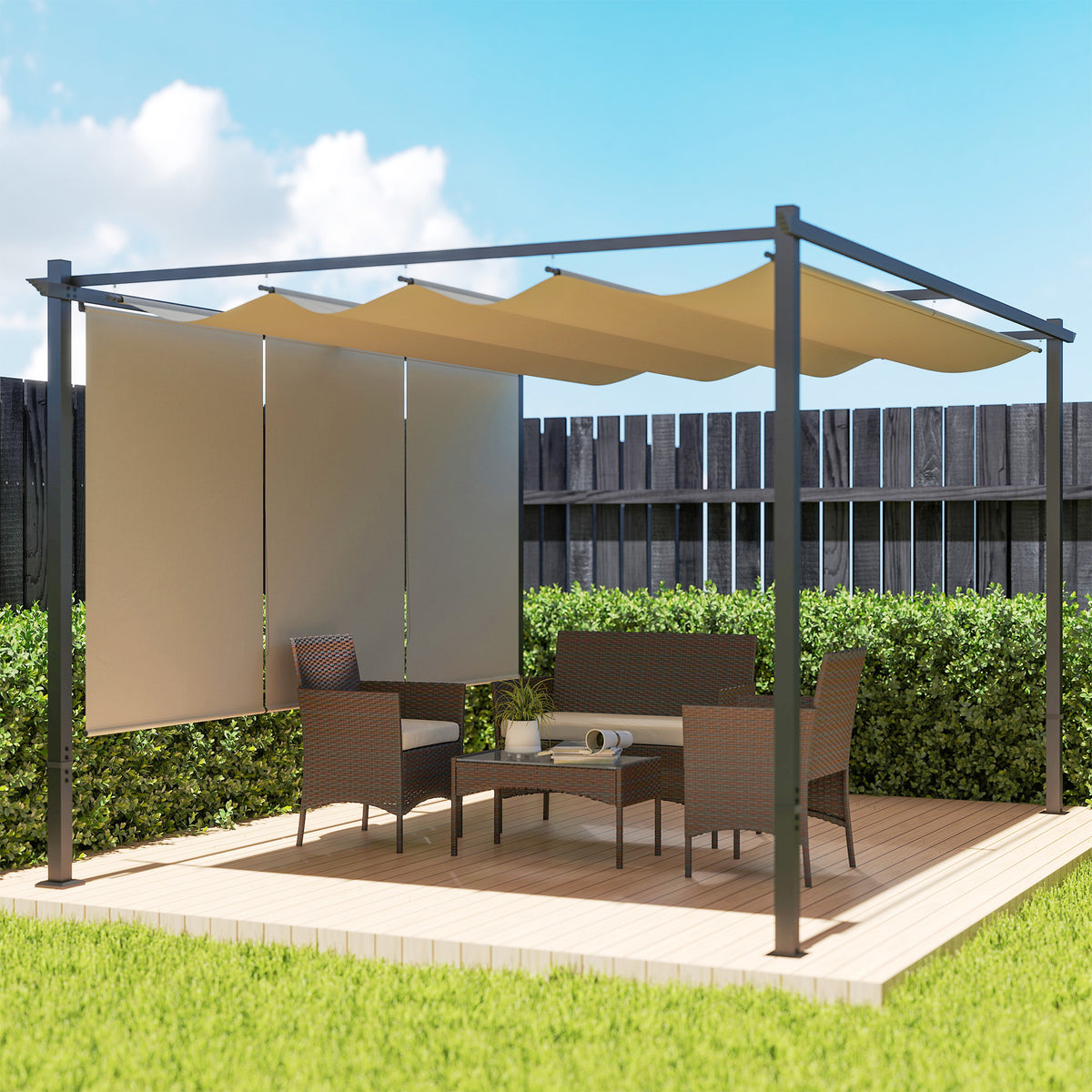 Pérgola com Teto Retrátil Pérgola de 4x3 m Pérgola de Parede ou Independente com Lados Enroláveis Proteção UV30+ Pérgola para Jardim Patio Exterior Bege — foto 2