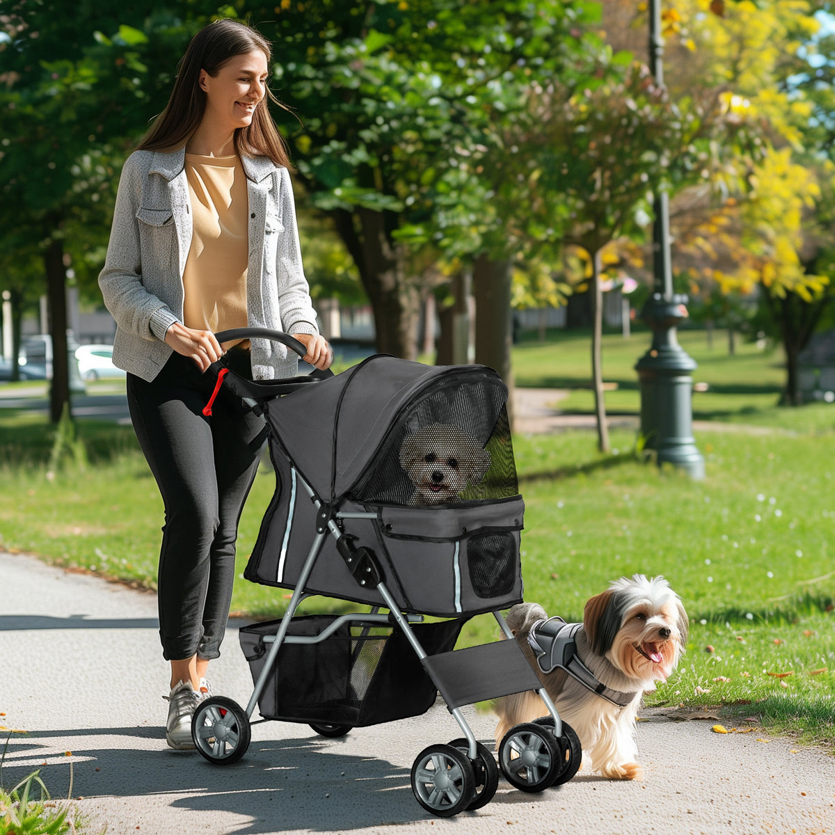 Carrinho para Cães Plegável, Coche para Cães Pequenos com Cesto de Armazenamento, Janelas de Rede, Suportes para Copos, Rodas EVA, Almofada Lavável, Travões, Carga 10 kg, 75x45x97 cm, Cinzento Escuro — foto 2