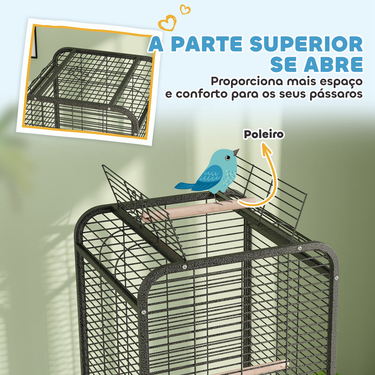 Gaiola para Pássaros Gaiola para Papagaios com Rodas Poleiros Comedouros Prateleira e Bandeja Amovível Gaiola para Cacatuas 62,5x62,5x146 cm Cinza Escuro — foto 4