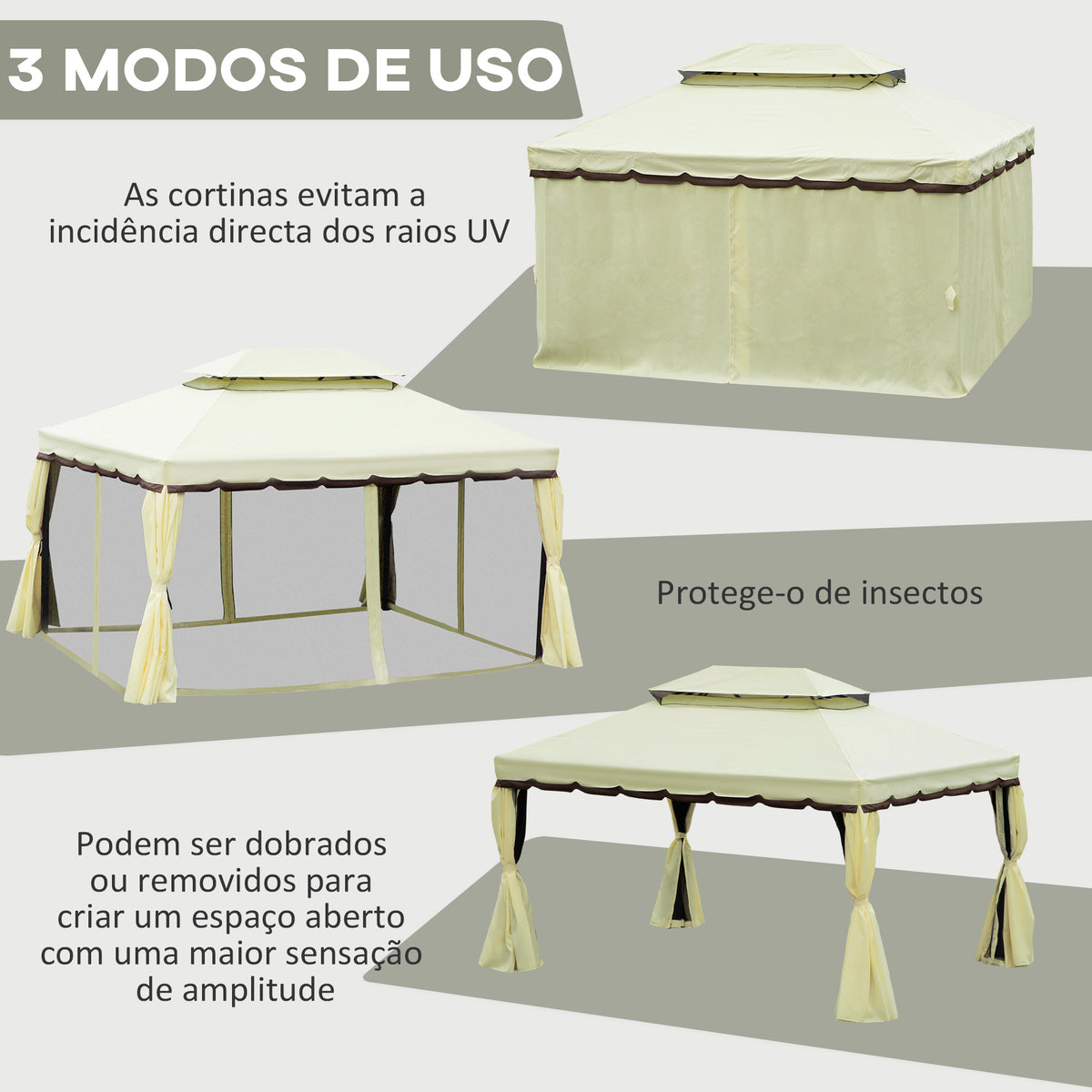 Pérgola de Jardim 4x3m Pérgola de Alumínio com Teto com Ventilação 4 Cortinas Laterais 4 Telas Mosquiteiras e 8 Orifícios de Drenagem para festas Eventos Exterior Creme — foto 5