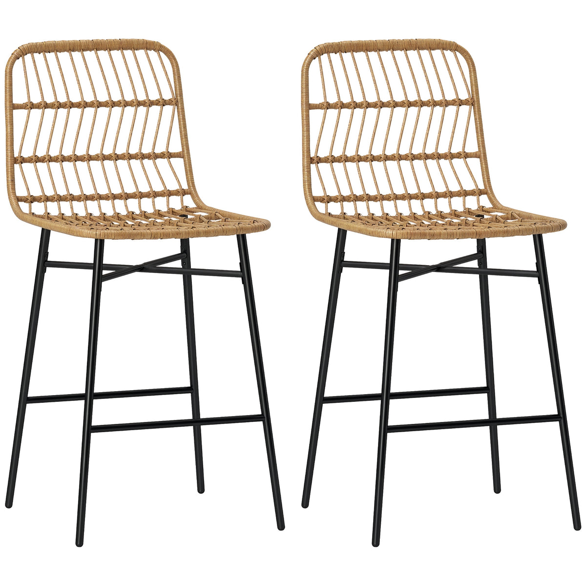Conjunto de 2 Bancos Altos de Cozinha Bancos de Bar com Encosto e Assento em Vime Sintético Carga 120 kg Bancos de Bar Modernos para Cozinha Sala de Jantar 43x56x101 cm Marrom Claro — foto 1