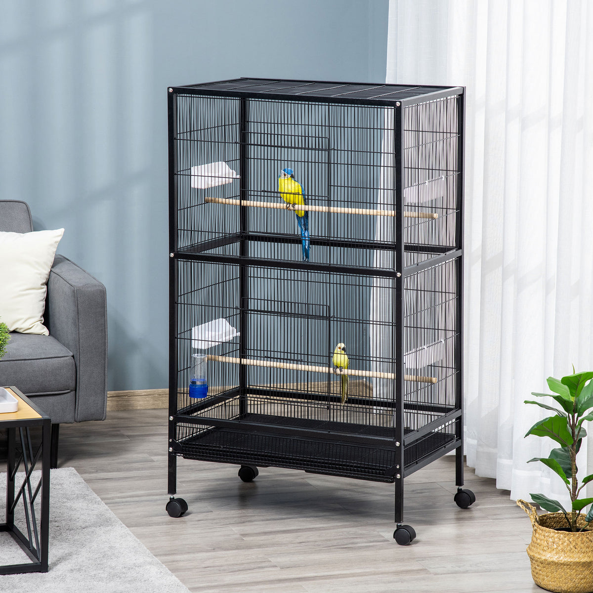 Gaiola para Pássaros com 4 Rodas Gaiola para Pássaros Metálica com Múltiplas Portas 4 Comedouros Bebedouro 2 Poleiros e Bandeja para Louros Canários Periquitos 79x52x137cm Preto — foto 2